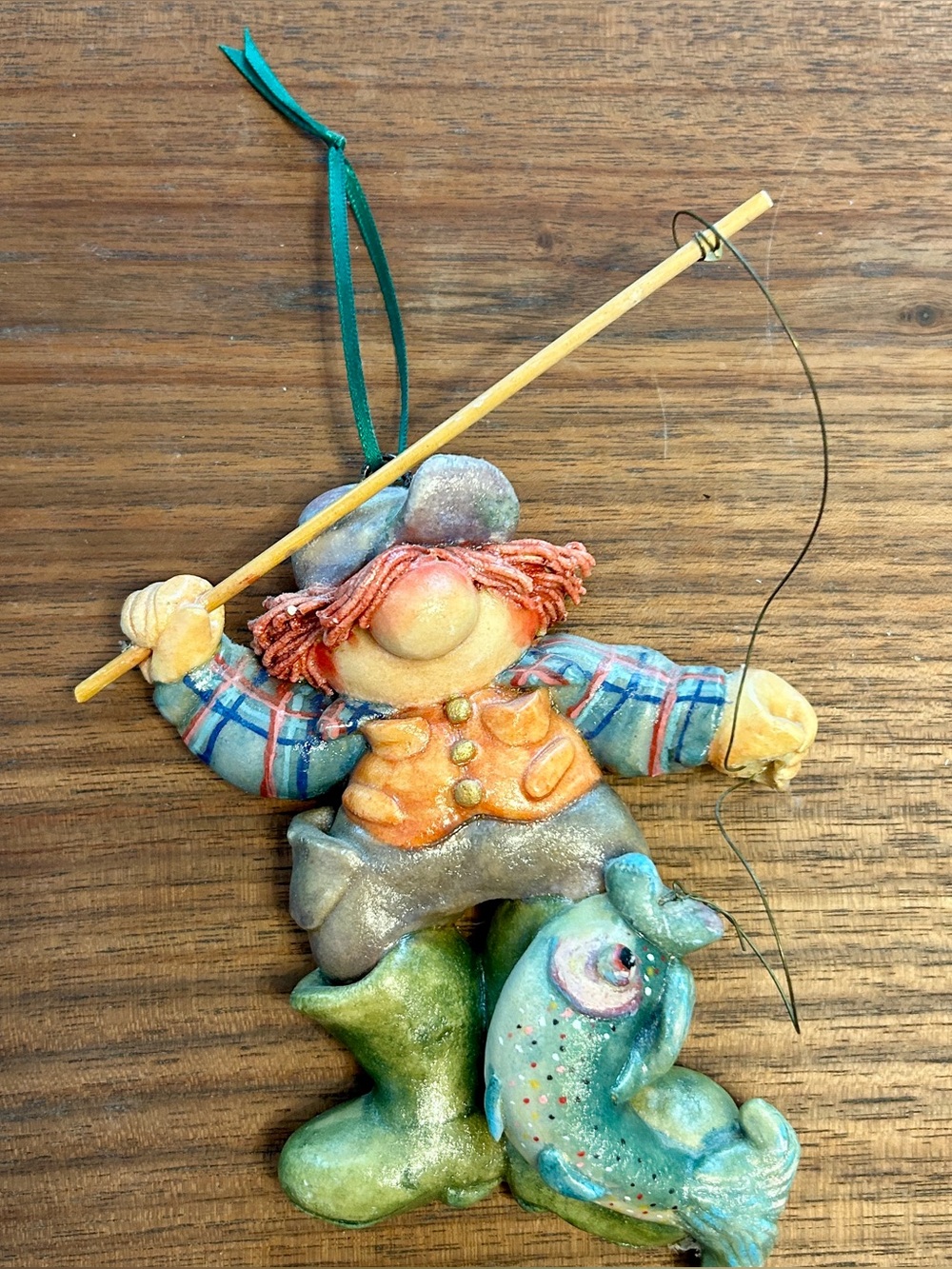 Redhead Boy / gnome Fishing The Fisherman Clay or Resin hand-painted Ornament
